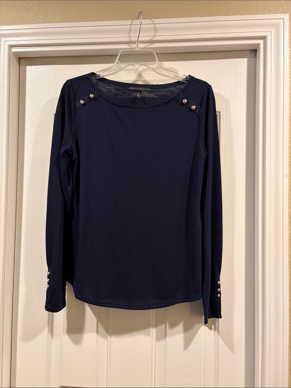 White House Black Market Navy Long-Sleeve Top w/Shoulder Studs size M